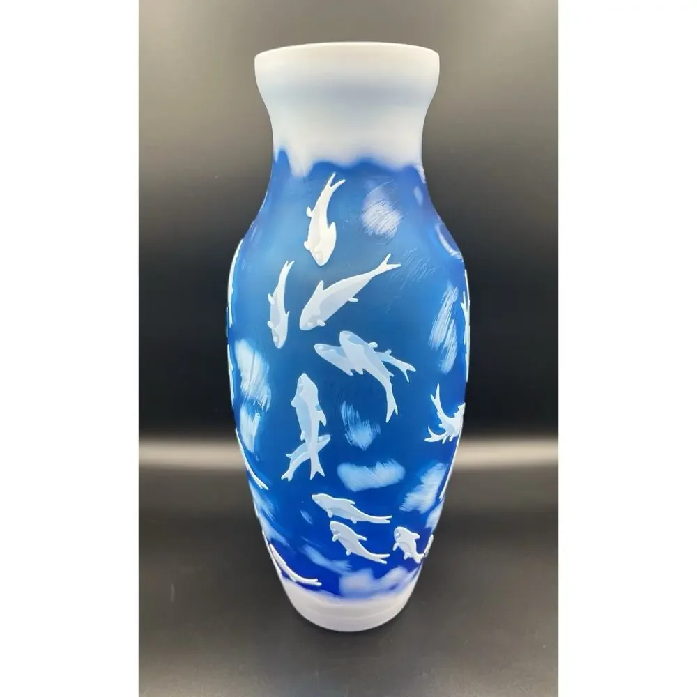 Emile Galle Reproduction Blue Cameo Glass Vase with White Fish 14” Coastal Decor